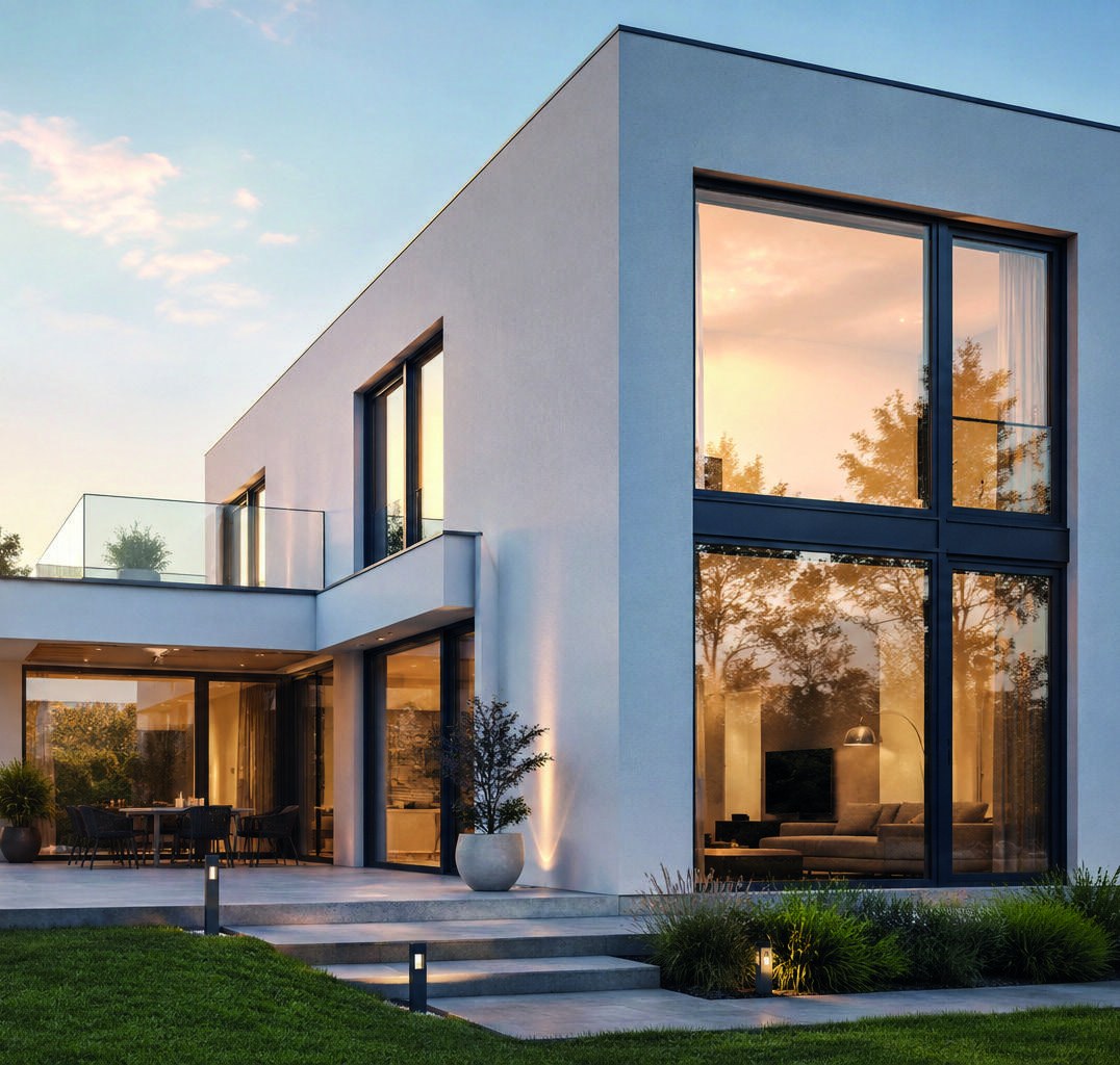 Haus mit VEKA PURE Fenstern im Abendlicht – Titelmotiv der Broschüre