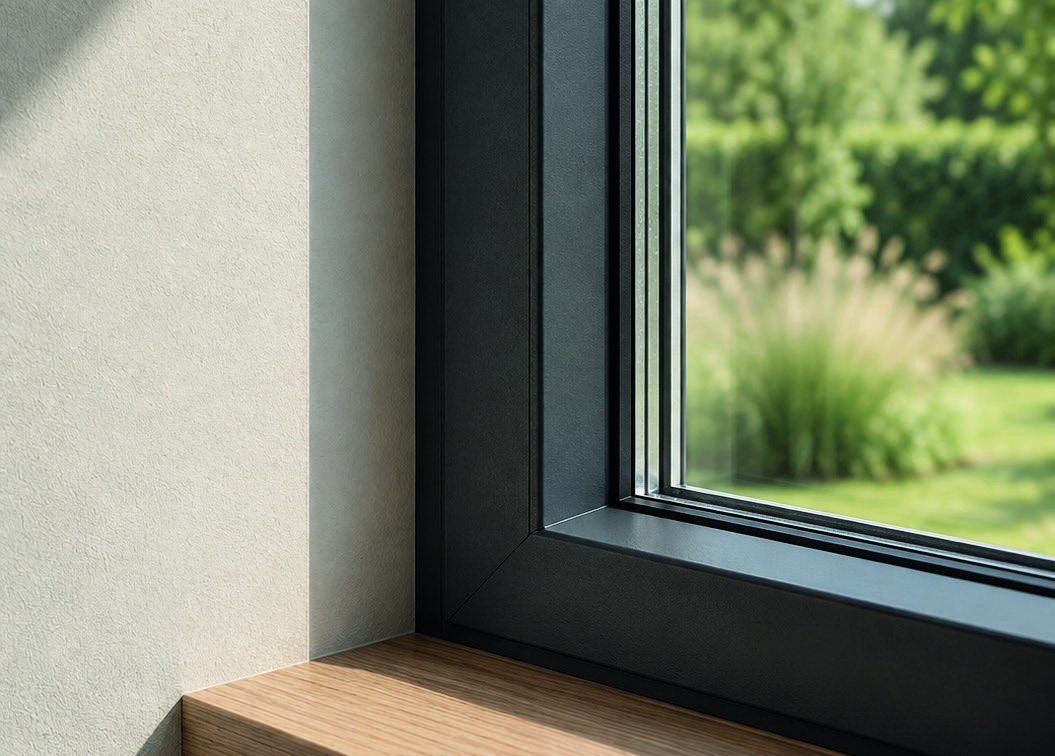 Klares dunkles Fensterprofil an einer hellen Innenwand