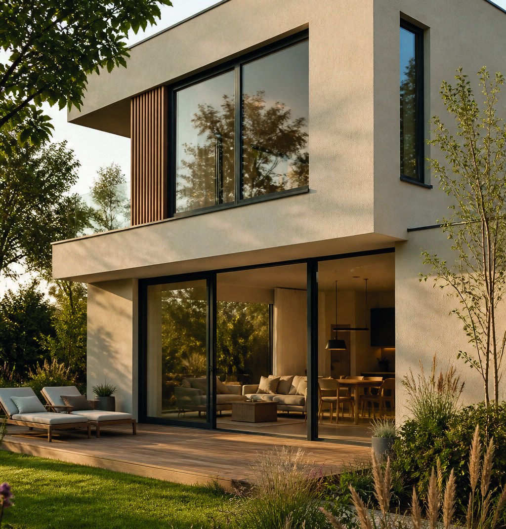 Modernes Haus mit klaren Fensterproportionen und Garten