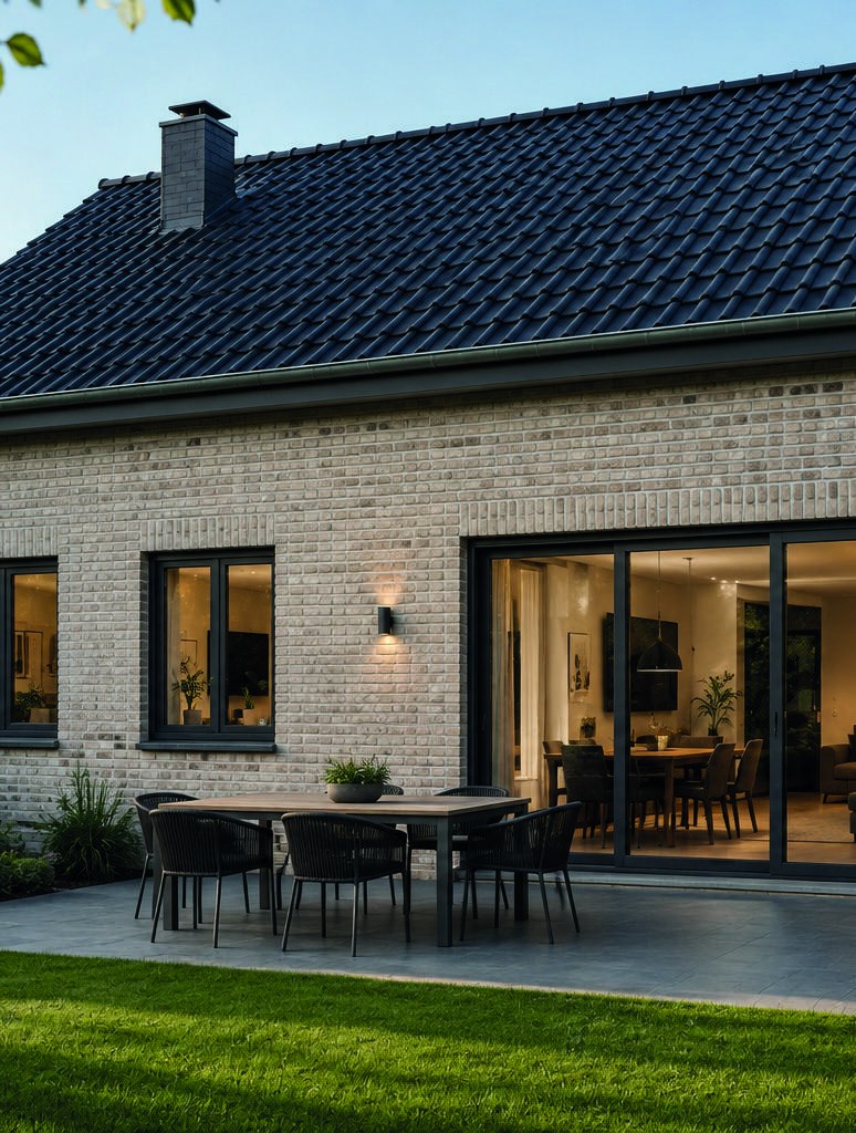 Klinkerhaus mit neuen Fenstern und Terrasse