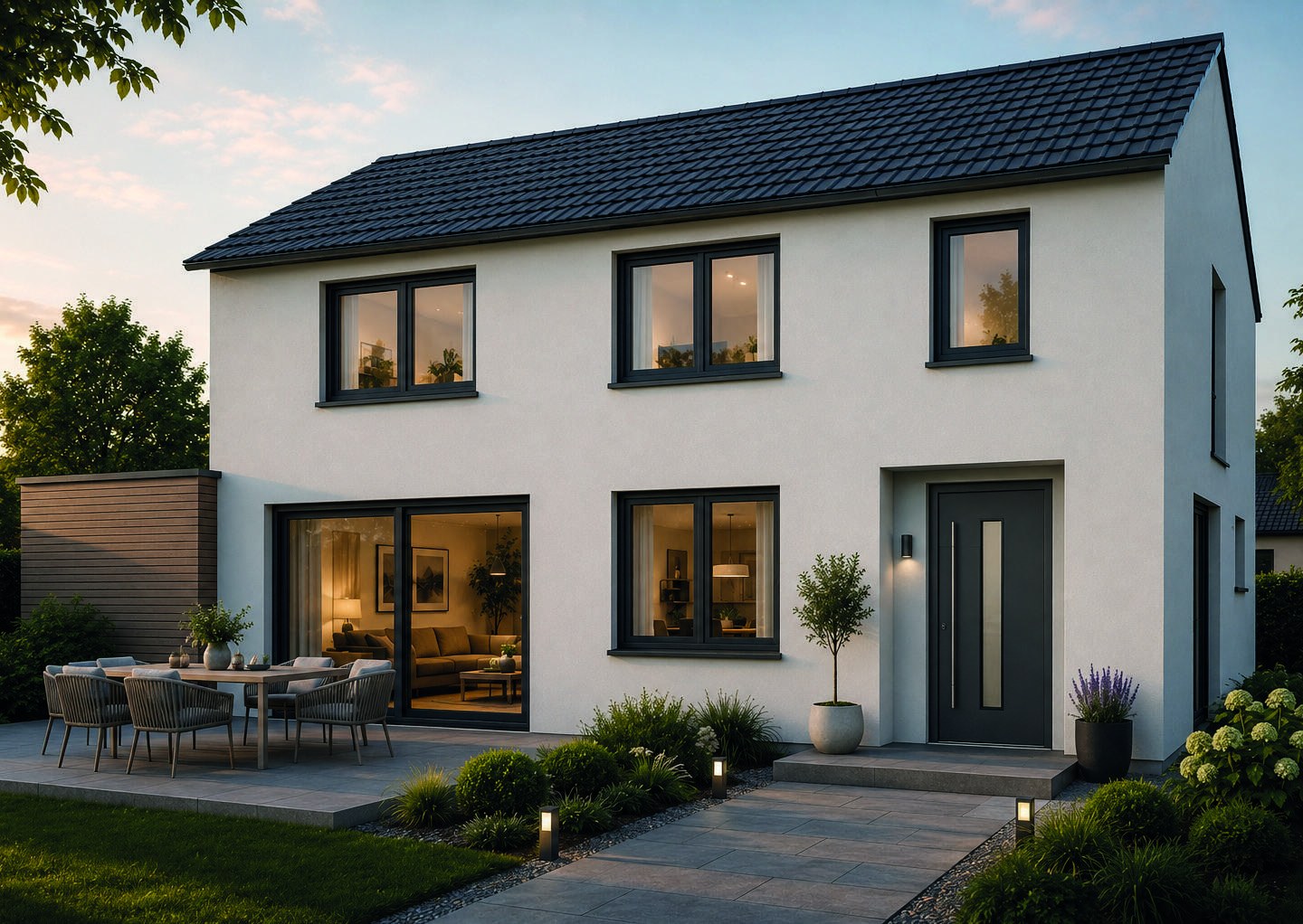 Haus mit abgestimmten Kunststofffenstern und Aluminium-Haustür