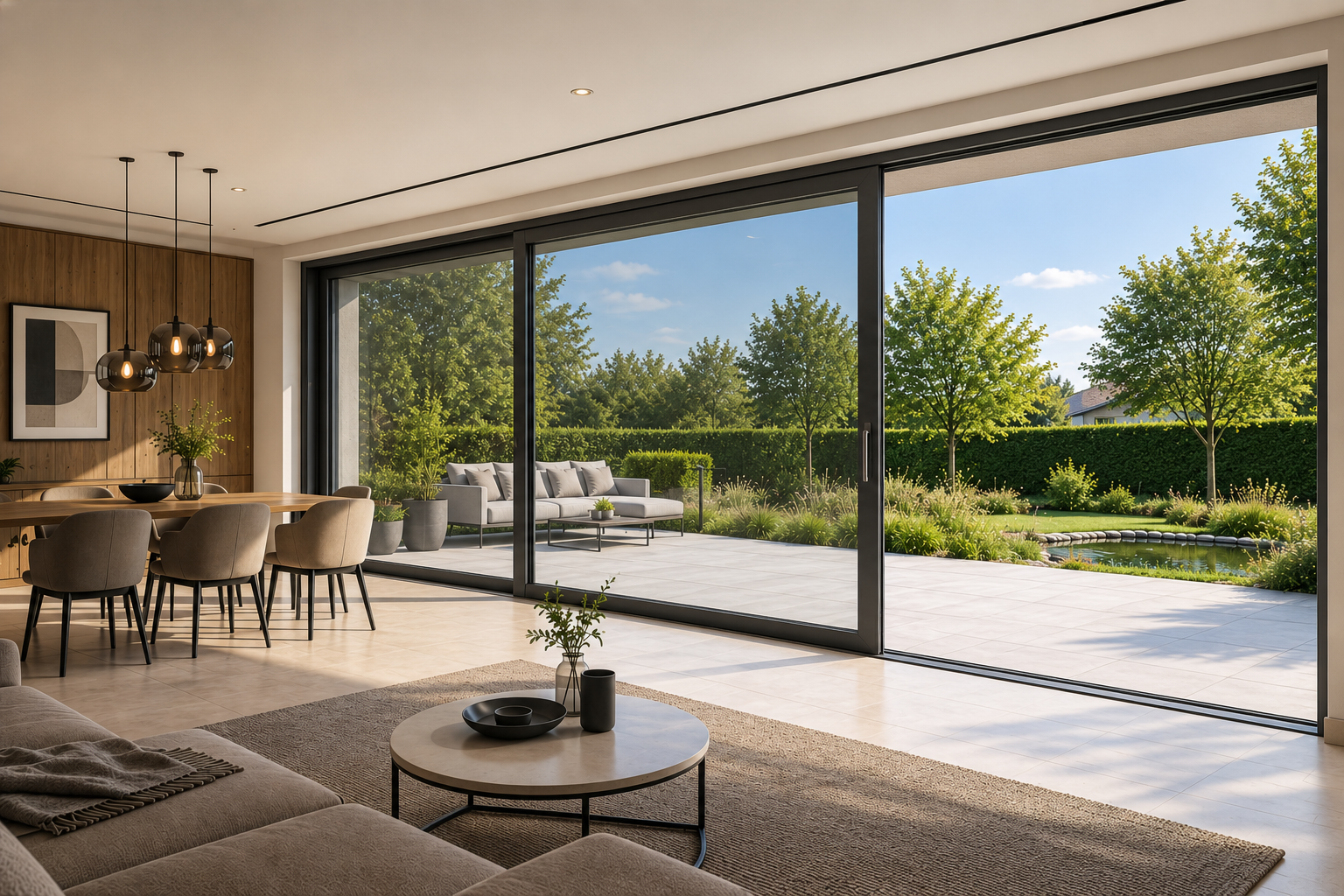 Hebe-Schiebetür mit Sonnenschutz zwischen Wohnraum und Terrasse